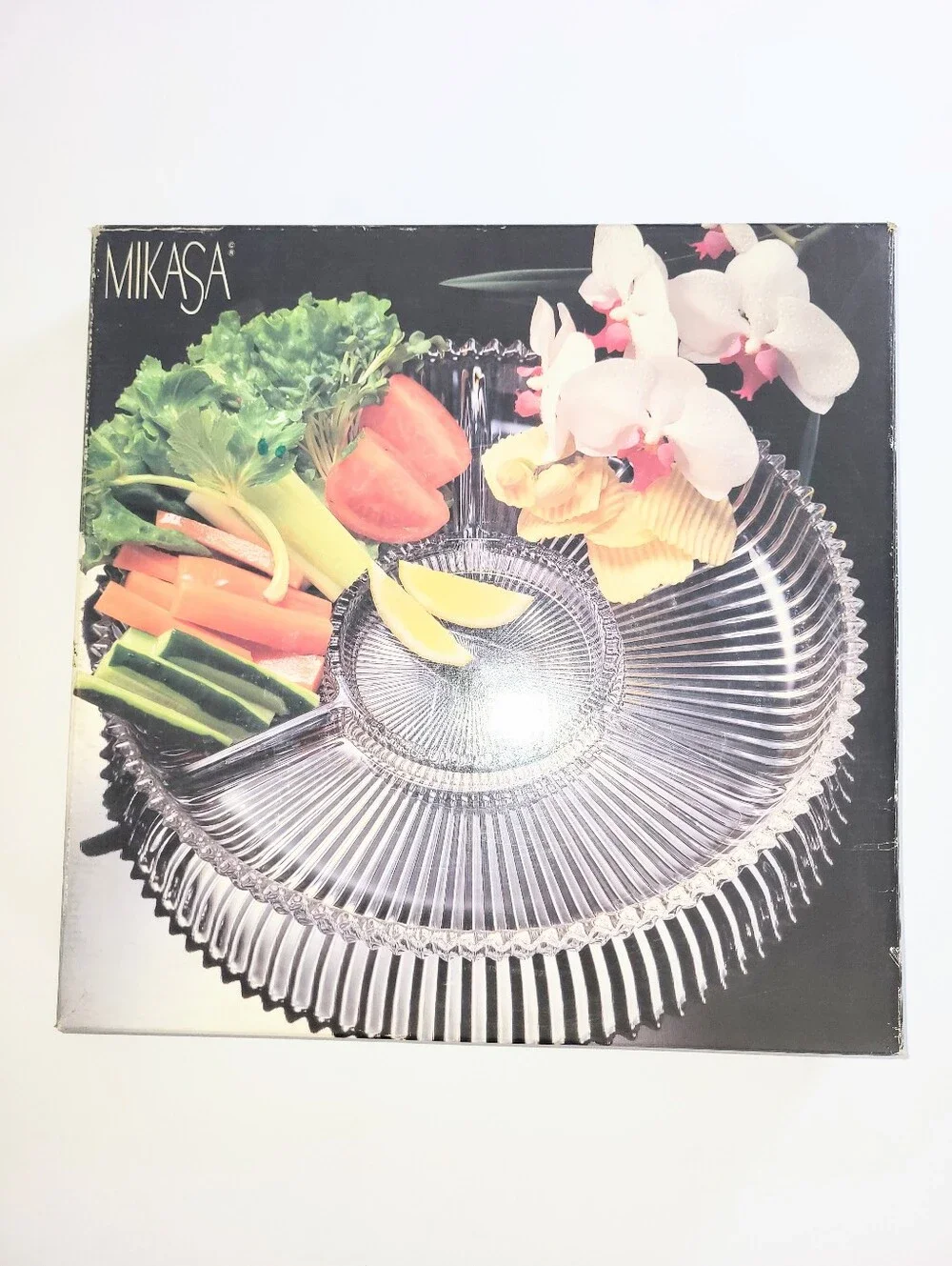 NIB Vintage 1980s Mikasa Crystal Diamond Fire Divided Serving Platter 14 Inch